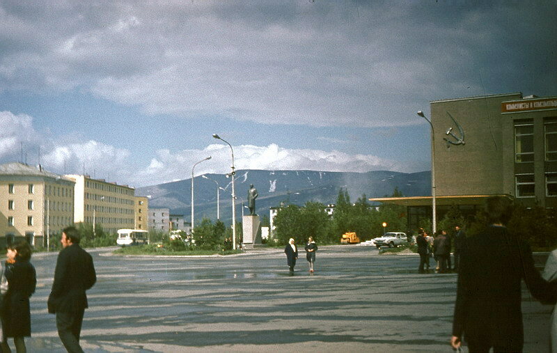 Apatity town square with the Khibiny Mountains in the distance, photographed in the 1970s or 1980s