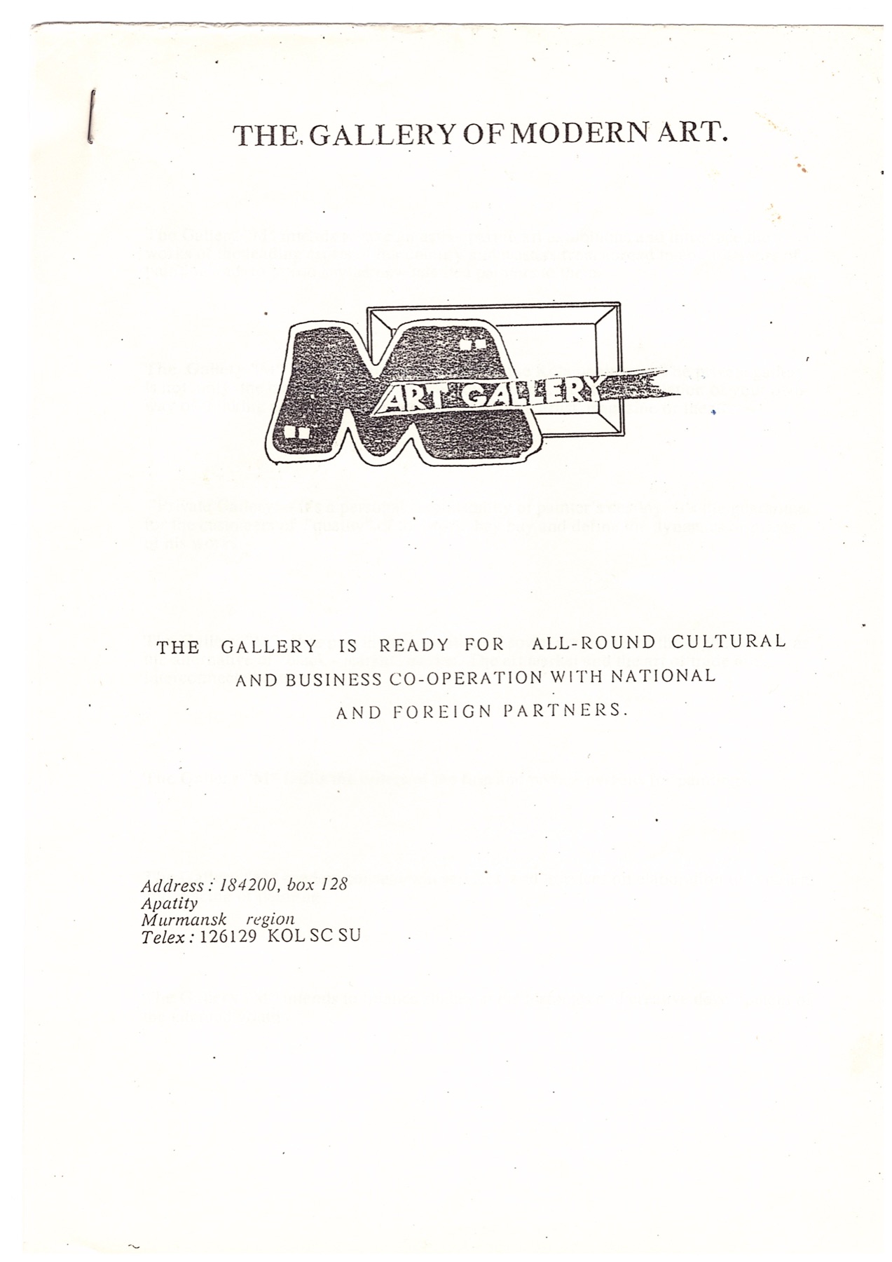 A scanned Gallery M information leaflet with the gallery logo, English text, and an Apatity address