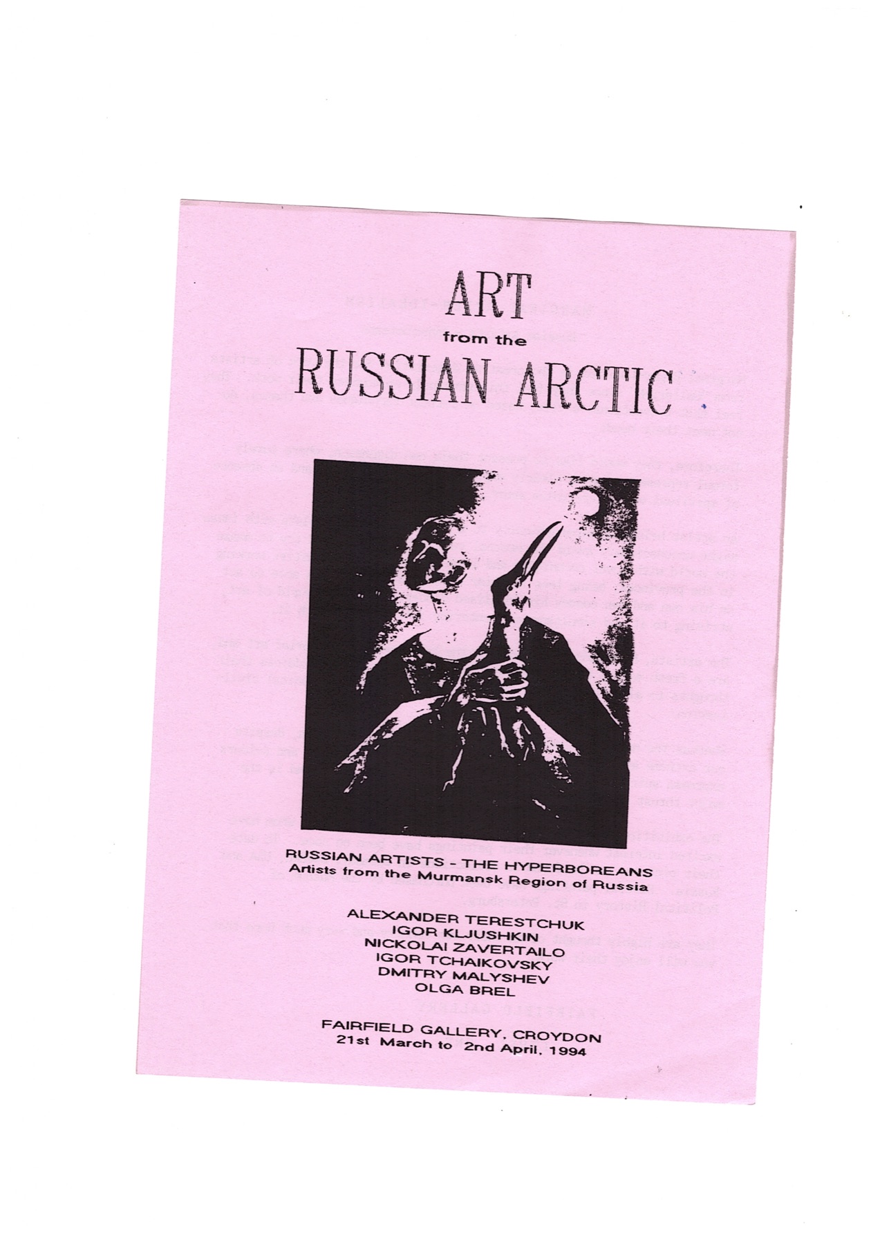 A pink 1994 exhibition poster titled Art from the Russian Arctic with a high-contrast artwork reproduction