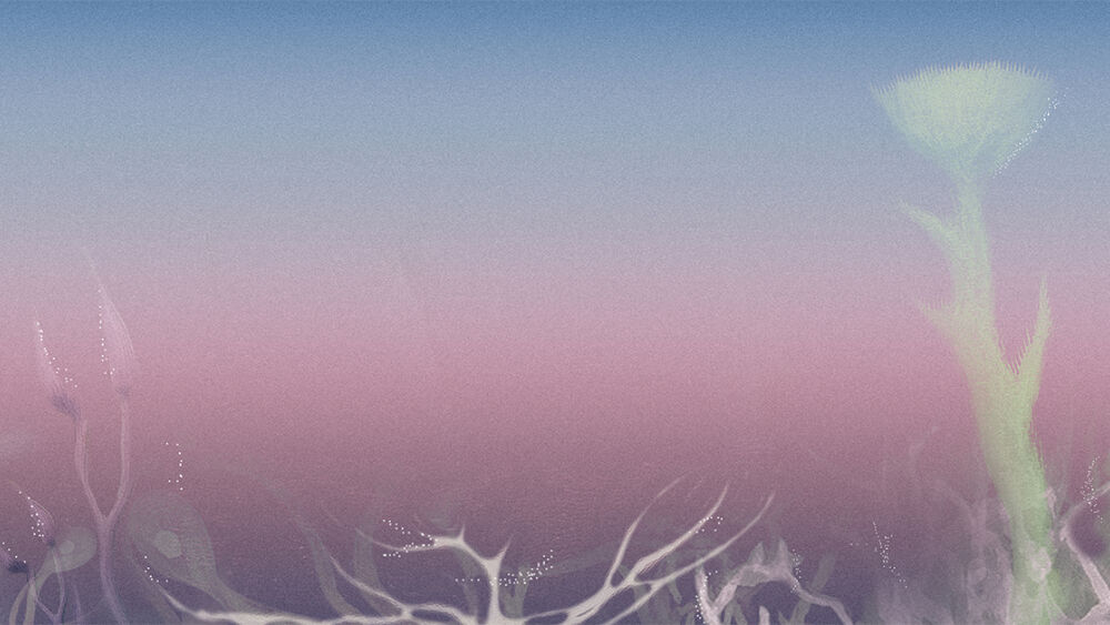 A misty blue and pink Arctic landscape with translucent organic forms